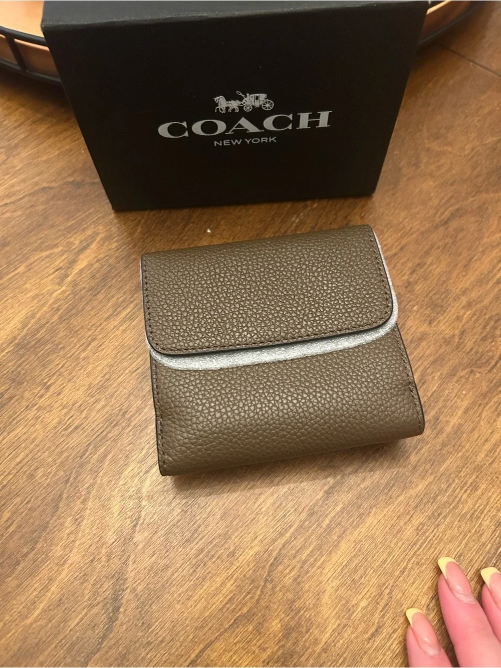 COACH Taupe/Brown Pebbled Leather Studded Compact Wallet